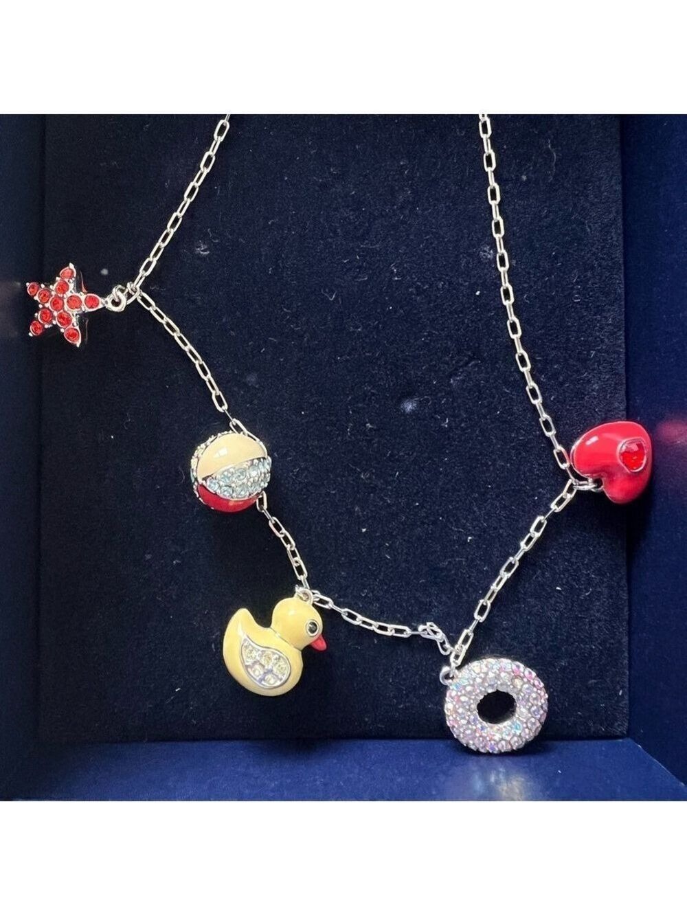 Vintage Swarovski Playful Multicolor Charm Necklace with Beach Rubber Duck Heart